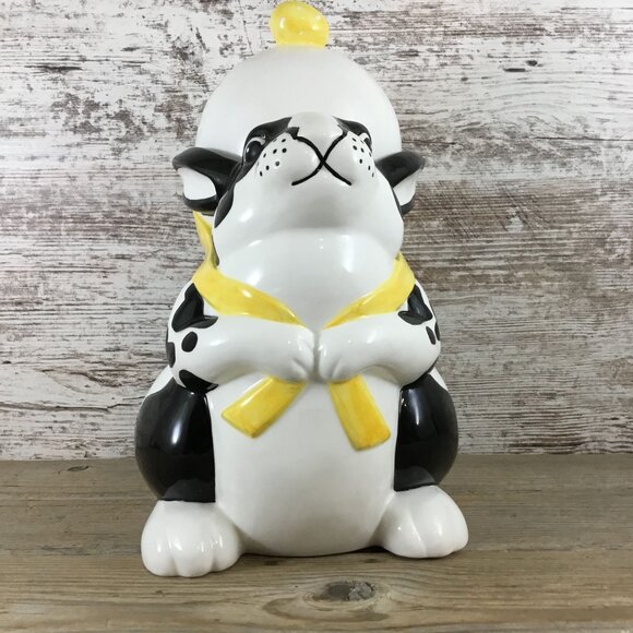 Dept 56 Ceramic Black and White Easter Bunny Cookie Jar With Egg Backpack - Picture 2 of 8